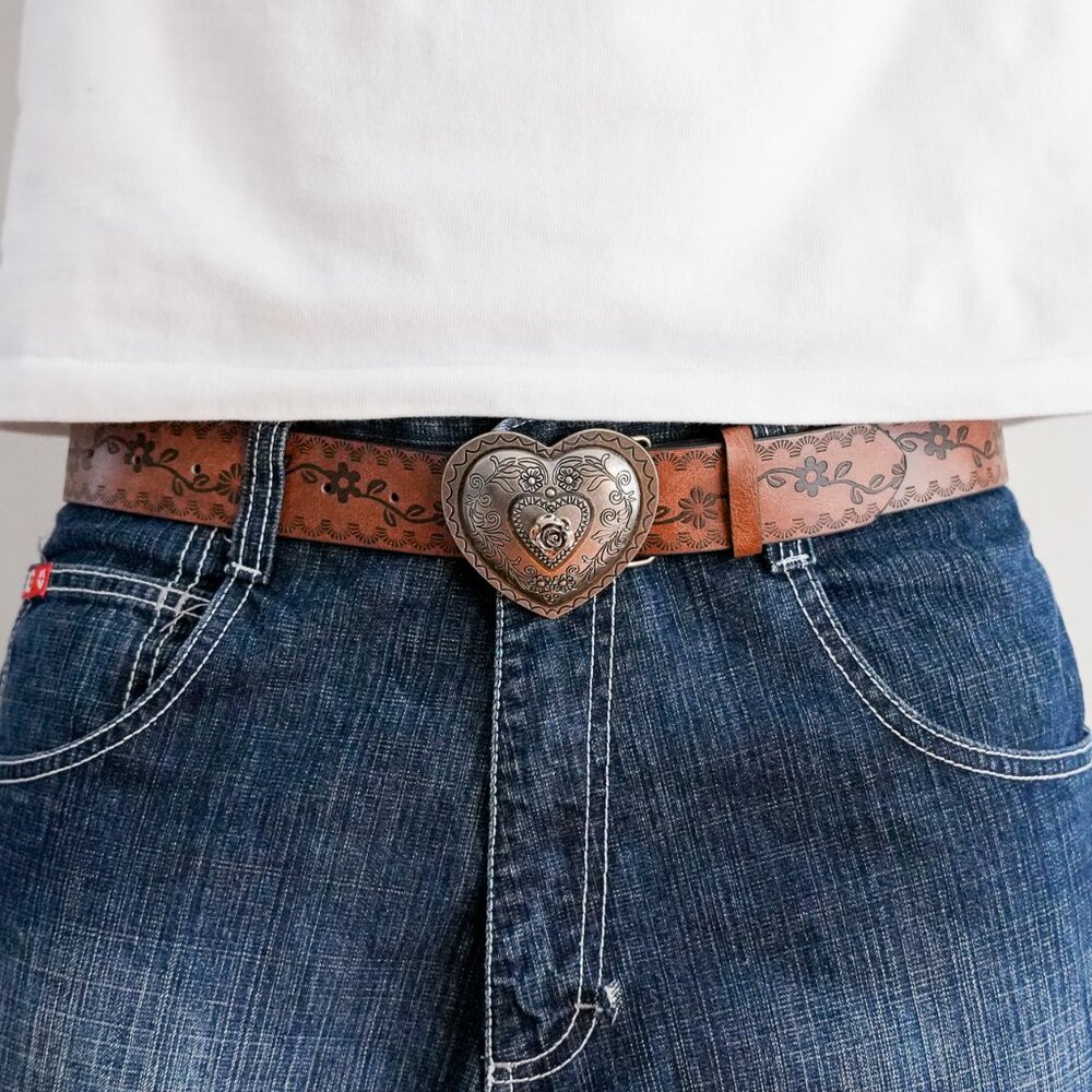 y2k heart buckle brown western floral belt
